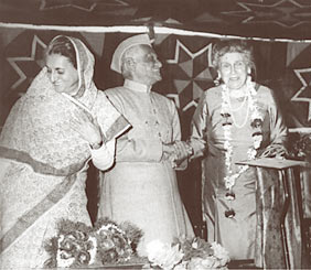 Prime Minister Indira Gandhi, Governor of Uttar Pradesh, Mr. Akbar Ali Khan, and Welthy Fisher celebrating the 20th Founder Day of Literacy House, Lucknow, 1973.
