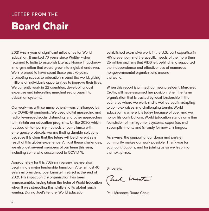 Letter from the chair of the board of World Education on our work to improve access to education around the world in 2021