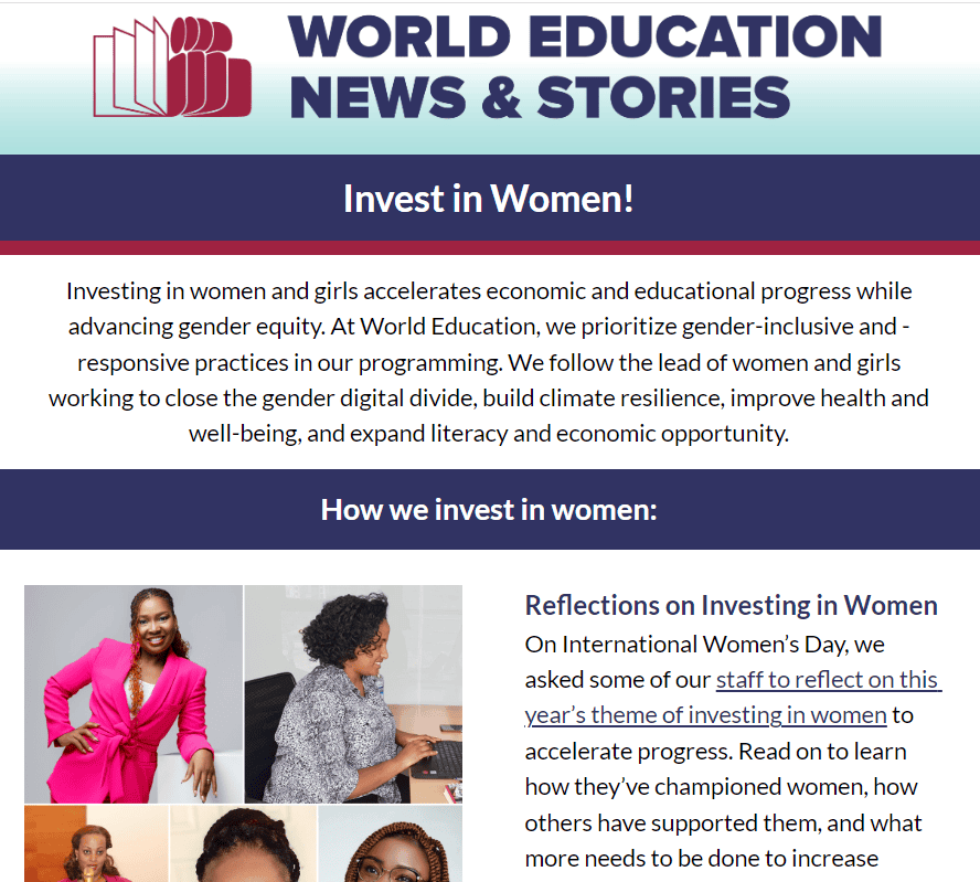 World Education March newsletter, Invest in Women